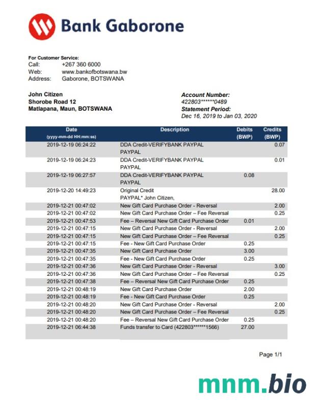 Botswana Bank Gaborone szablon wyciągu bankowego w formacie Excel i PDF